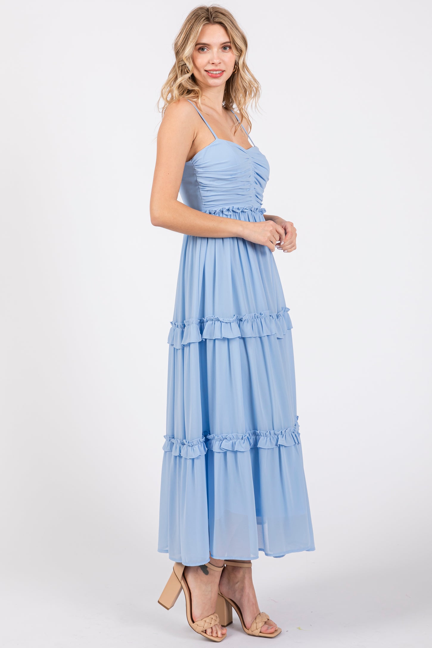 Light Blue Sleeveless Pleated Ruffle Tiered Midi Dress PinkBlush Light Blue Sleeveless Pleated Ruffle Tiered Midi Dress PinkBlush