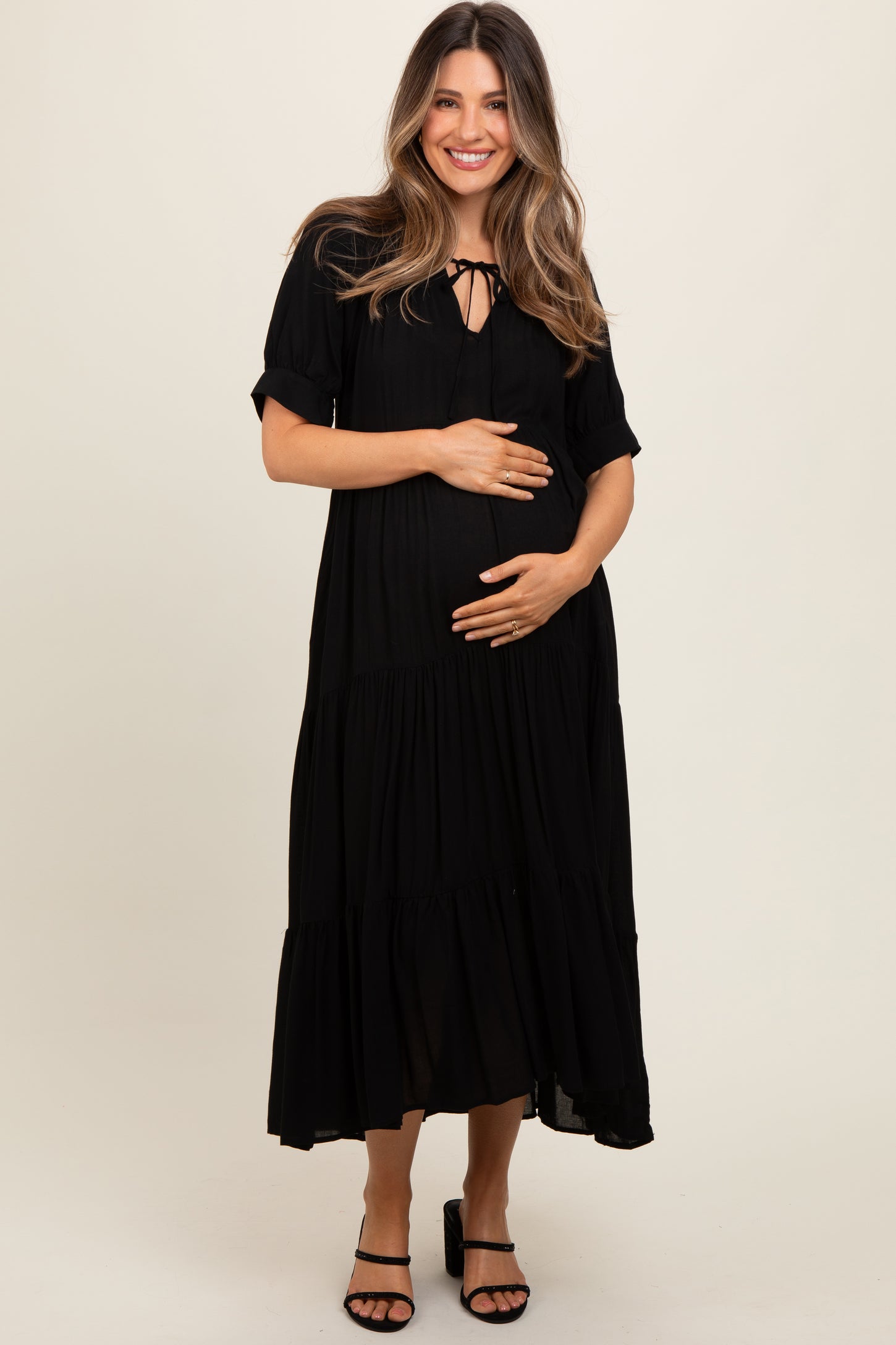 Black Lightweight Flowy Tiered Maternity Maxi Dress PinkBlush Black Lightweight Flowy Tiered Maternity Maxi Dress PinkBlush