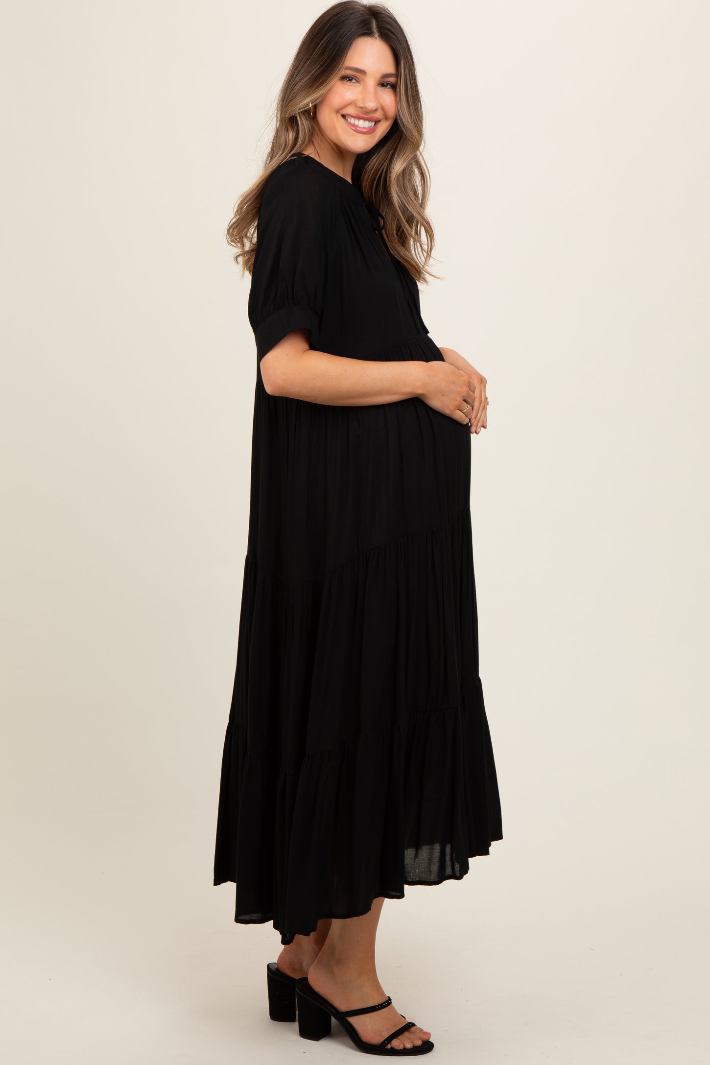 black flowy maternity dress Flybridal Boho Maternity Dress for Photoshoot Tassels Lace Full Sleeve V- Neckline Summer Pregnancy Dress for Photography Black Size Small at Amazon Women's Clothing store