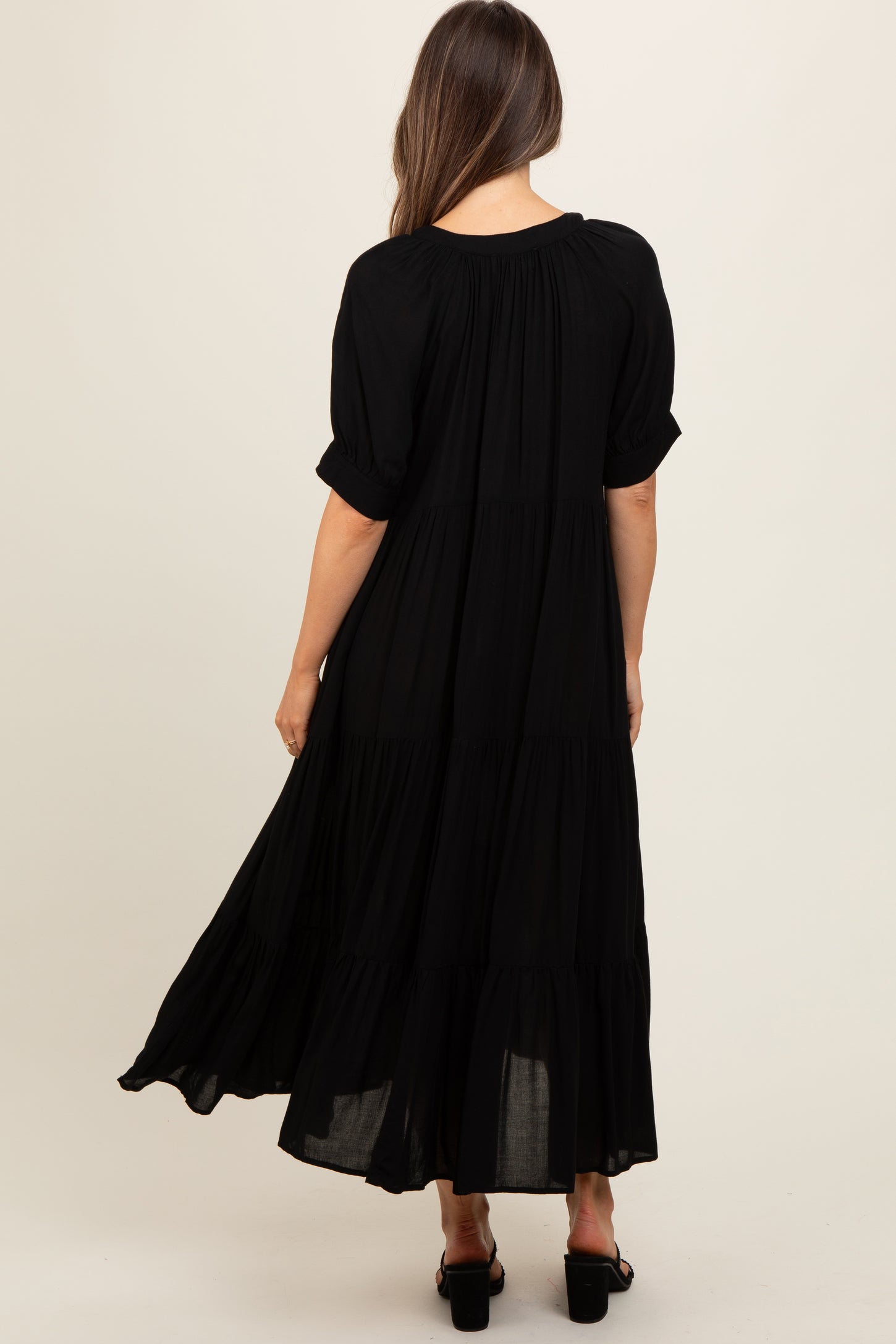 Black Lightweight Flowy Tiered Maternity Maxi Dress PinkBlush Black Lightweight Flowy Tiered Maternity Maxi Dress PinkBlush