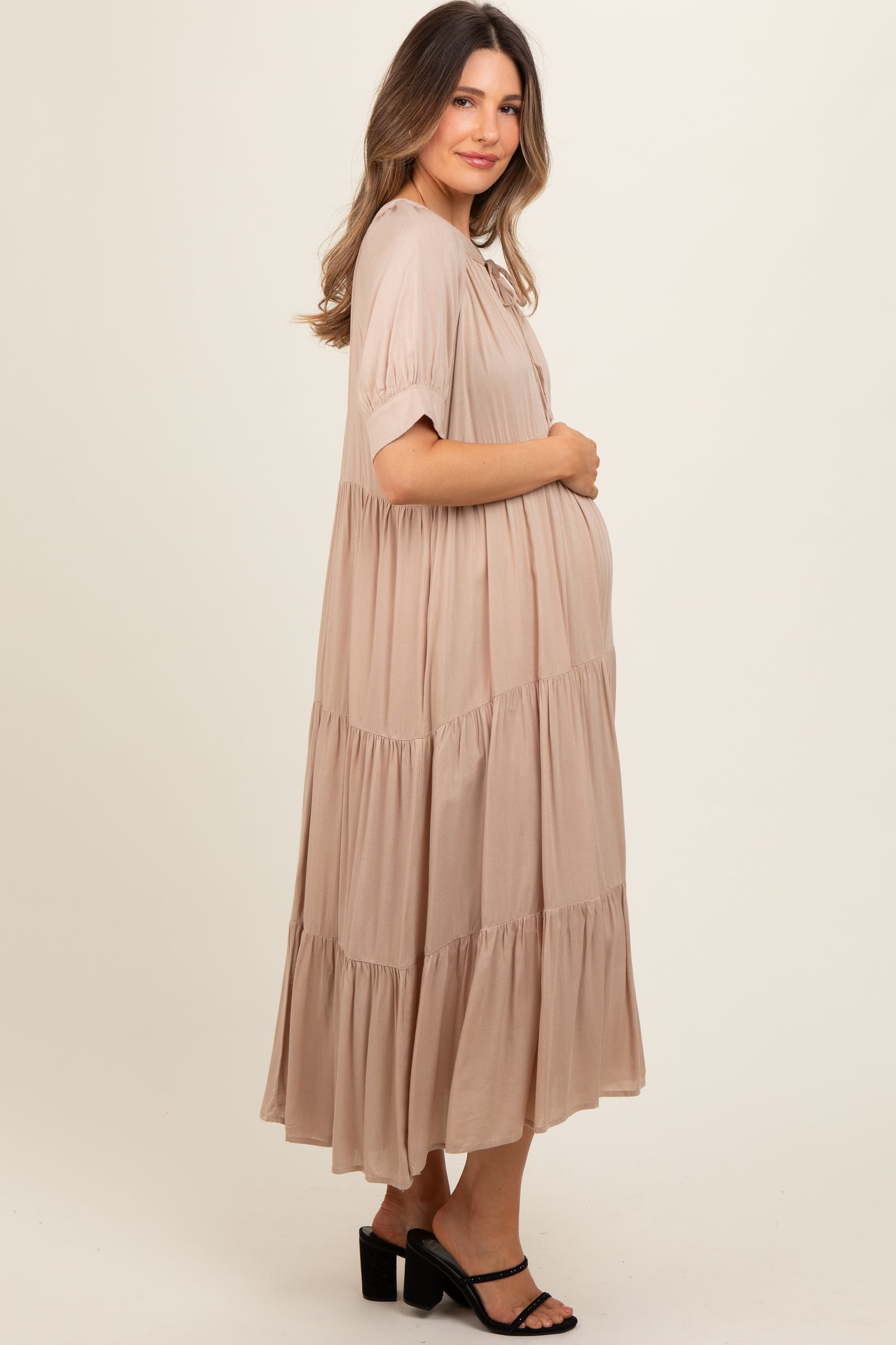 Mocha Lightweight Flowy Tiered Maternity Maxi Dress