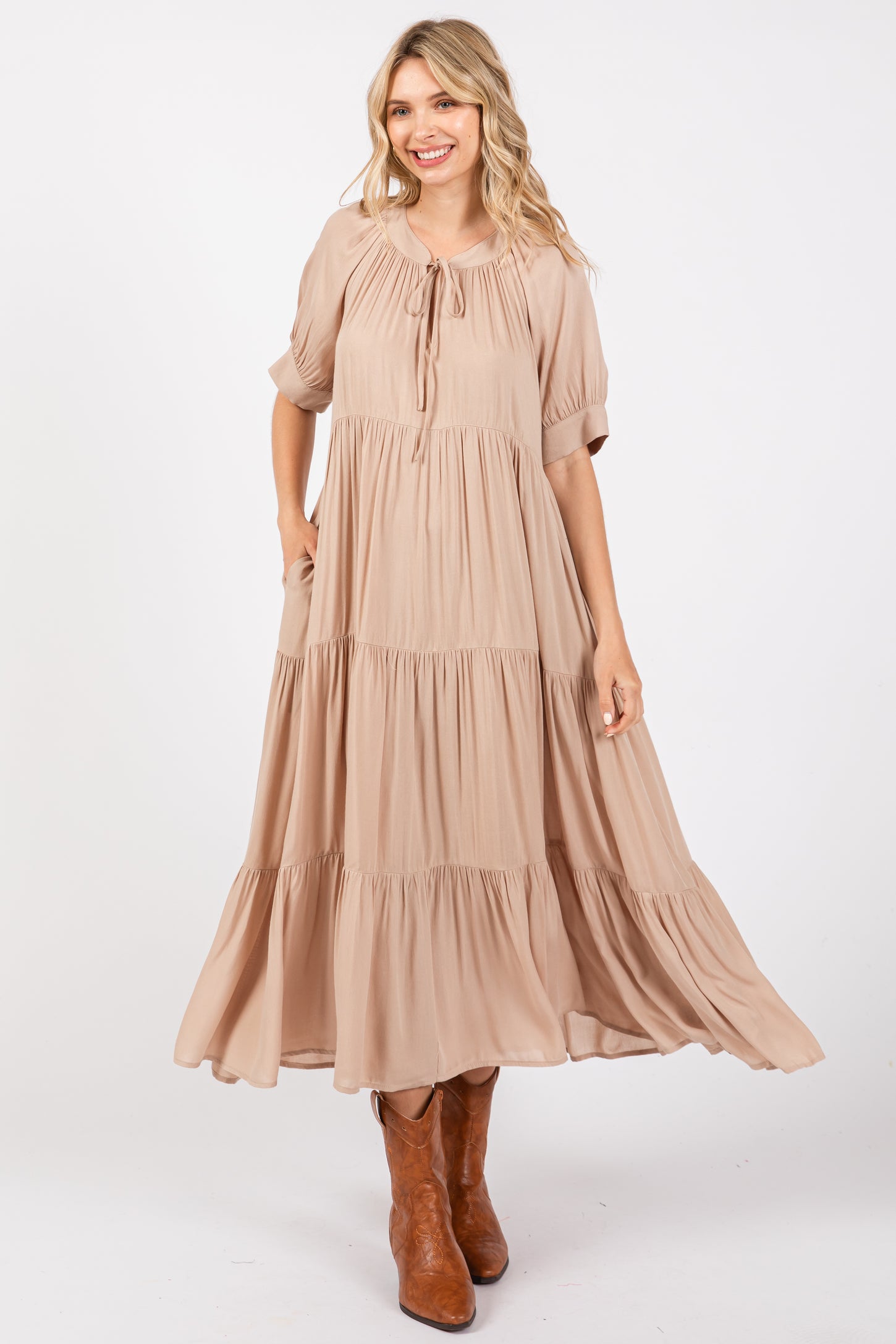 Mocha Lightweight Flowy Tiered Maternity Maxi Dress