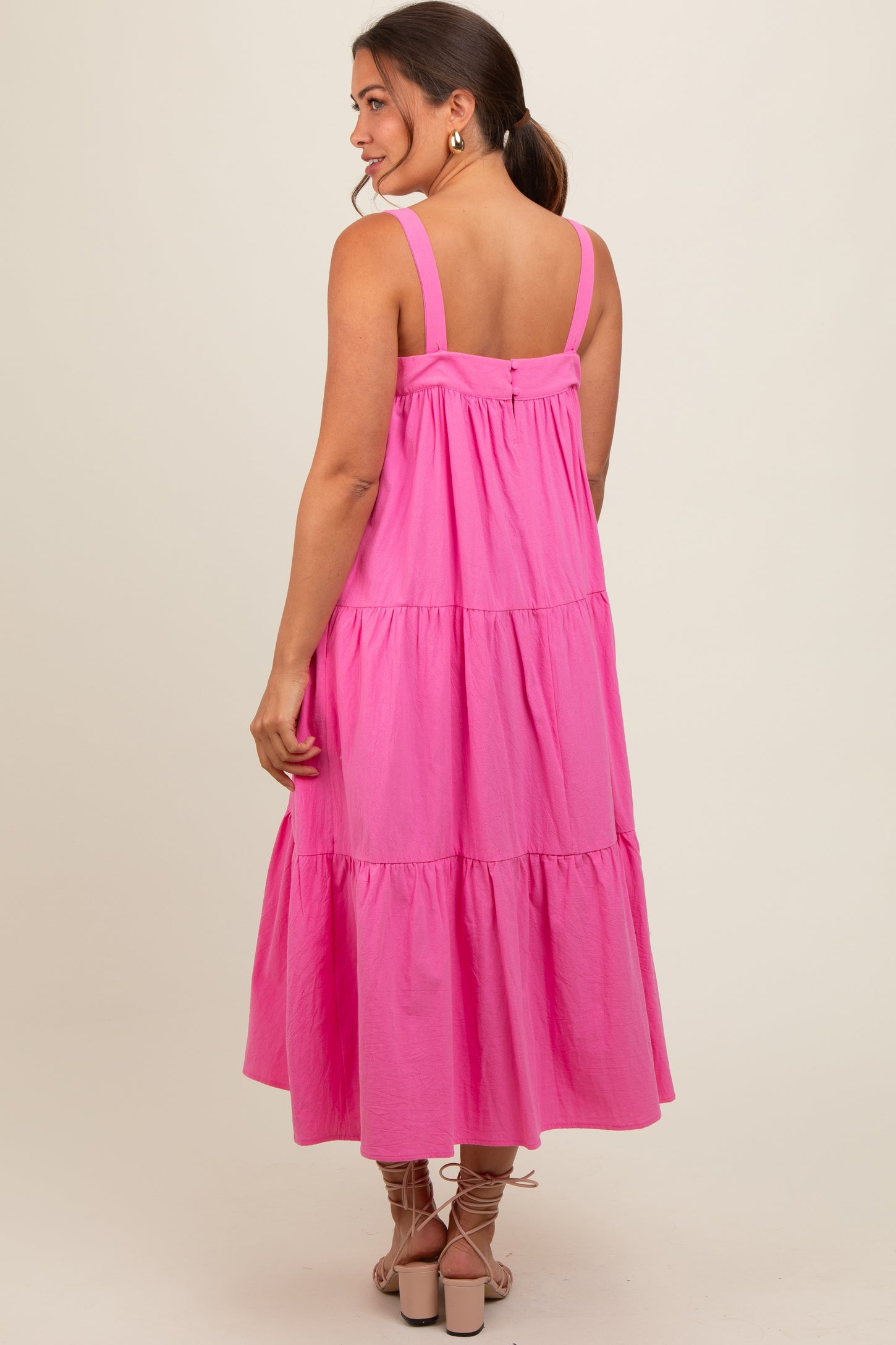 Pink Tiered Maternity Midi Dress