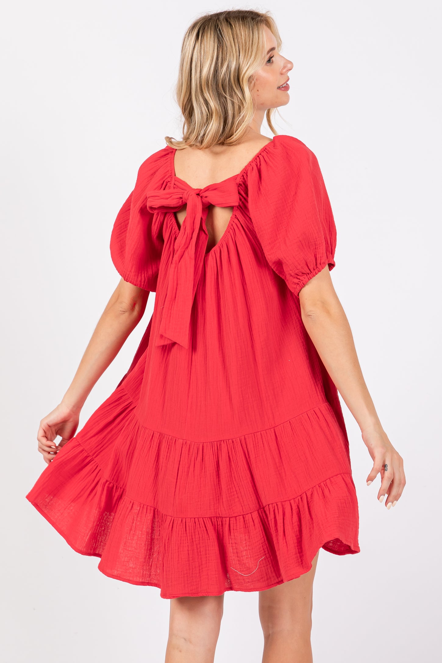 Red Ribbon Back Detail Puff Sleeve Mini Dress