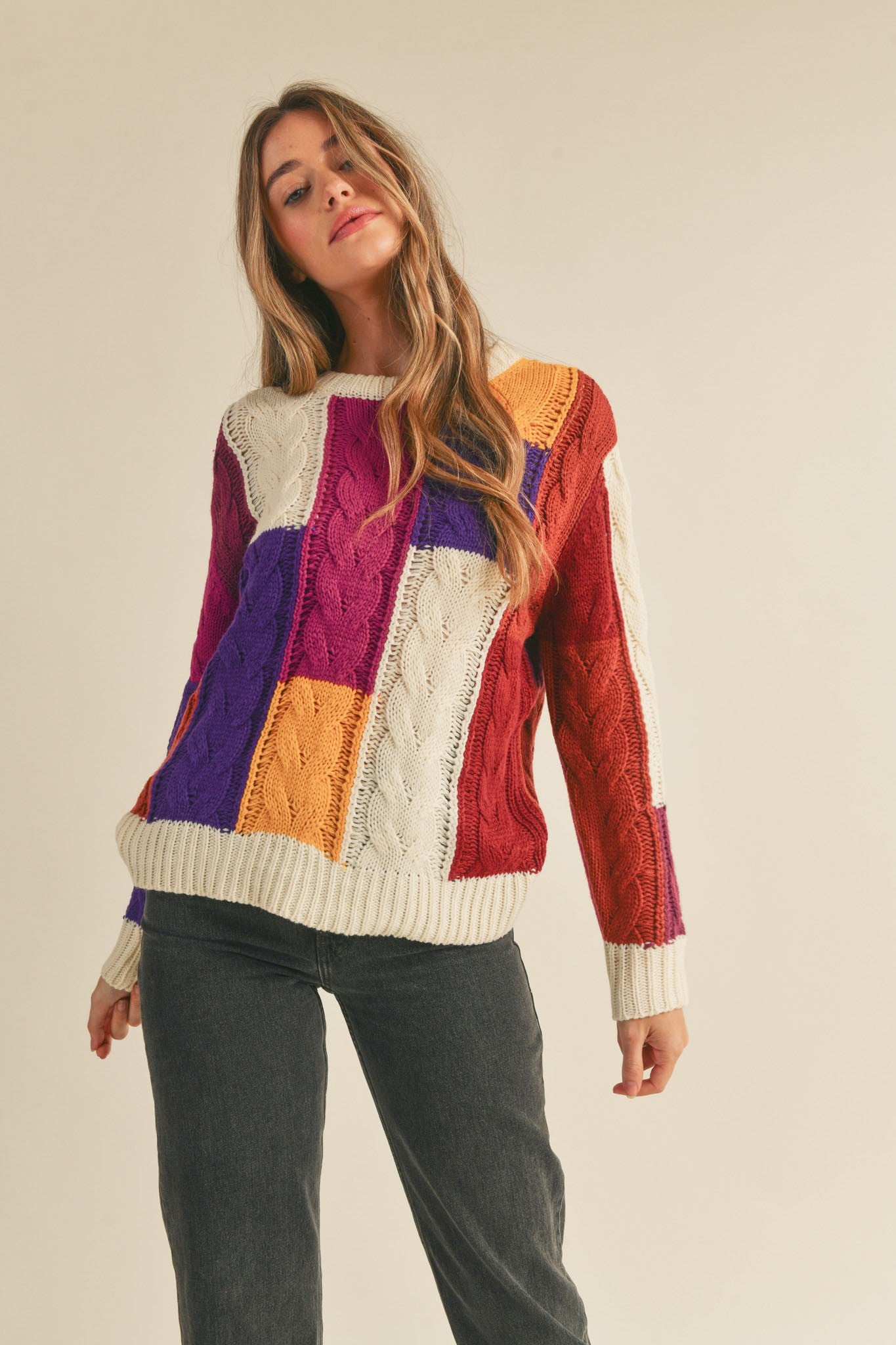 Ivory Fuchsia Multi Color Block Cable Knit Sweater – PinkBlush