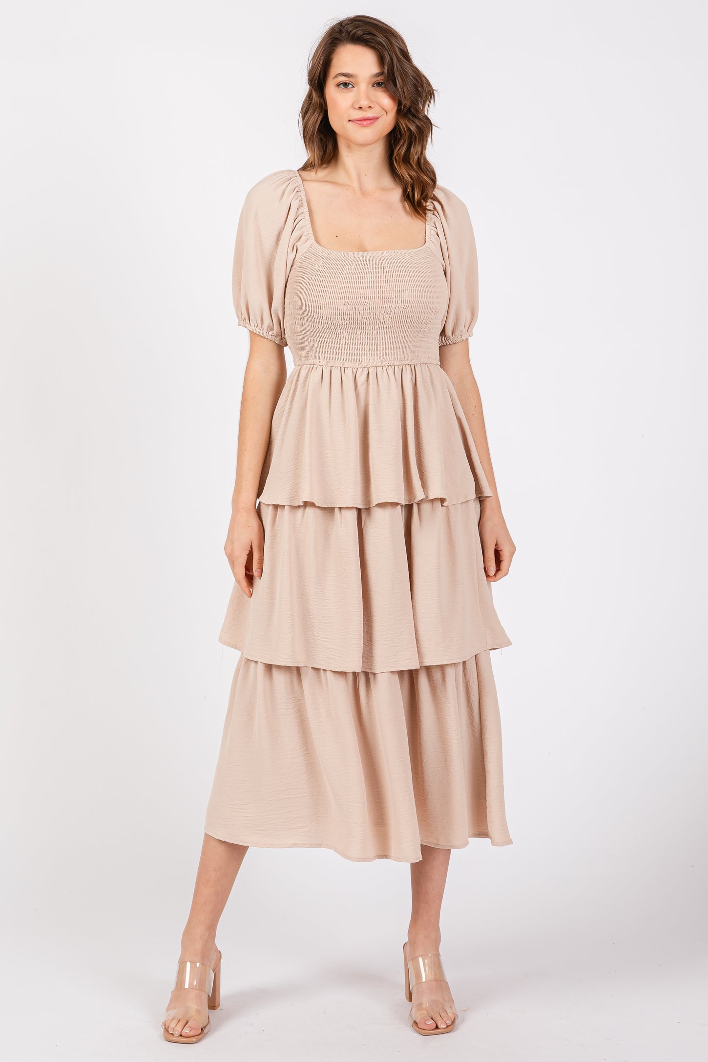 Beige Smocked Square Neck Short Puff Sleeve Ruffle Tiered Maternity Mi – PinkBlush