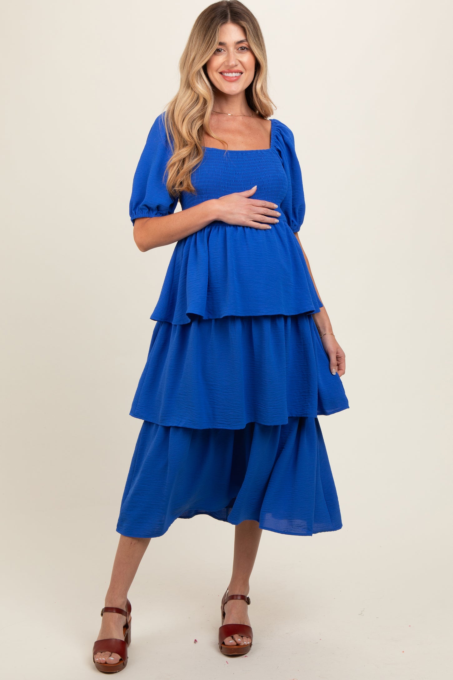 Royal Blue Smocked Body Ruffled Tiered Maternity Dress – PinkBlush