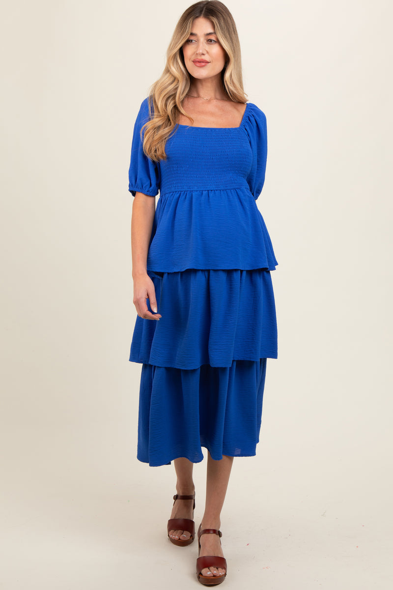 royal blue long sleeve maternity dress Royal Blue Smocked Body Ruffled Tiered Maternity Dress
