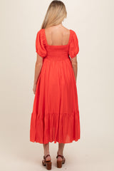Red Front Ruched Smocked Puff Sleeve Maternity Dress