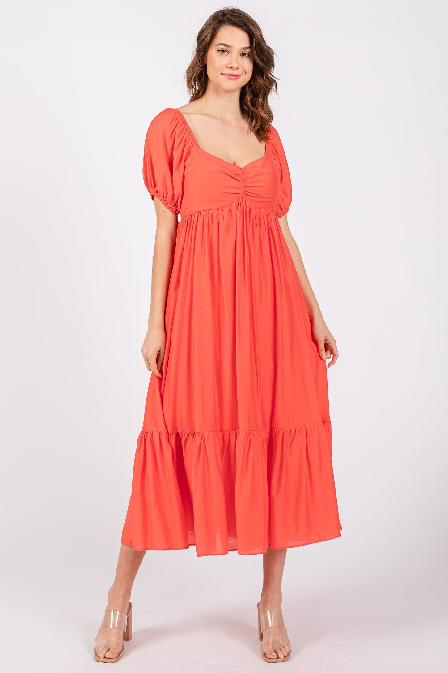 Red Front Ruched Smocked Puff Sleeve Dress