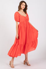 Red Front Ruched Smocked Puff Sleeve Maternity Dress