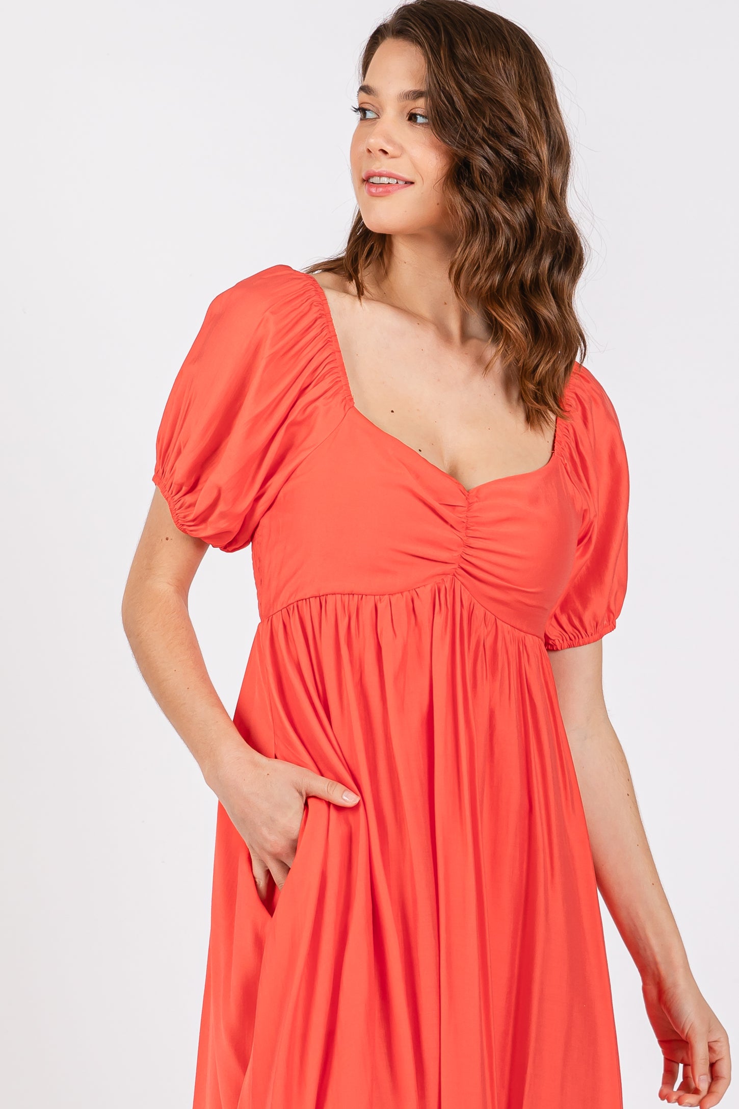 Red Front Ruched Smocked Puff Sleeve Dress
