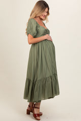 Olive Ruched Sweetheart Neck Tiered Maternity Midi Dress