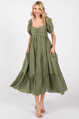 Olive Ruched Sweetheart Neck Tiered Maternity Midi Dress