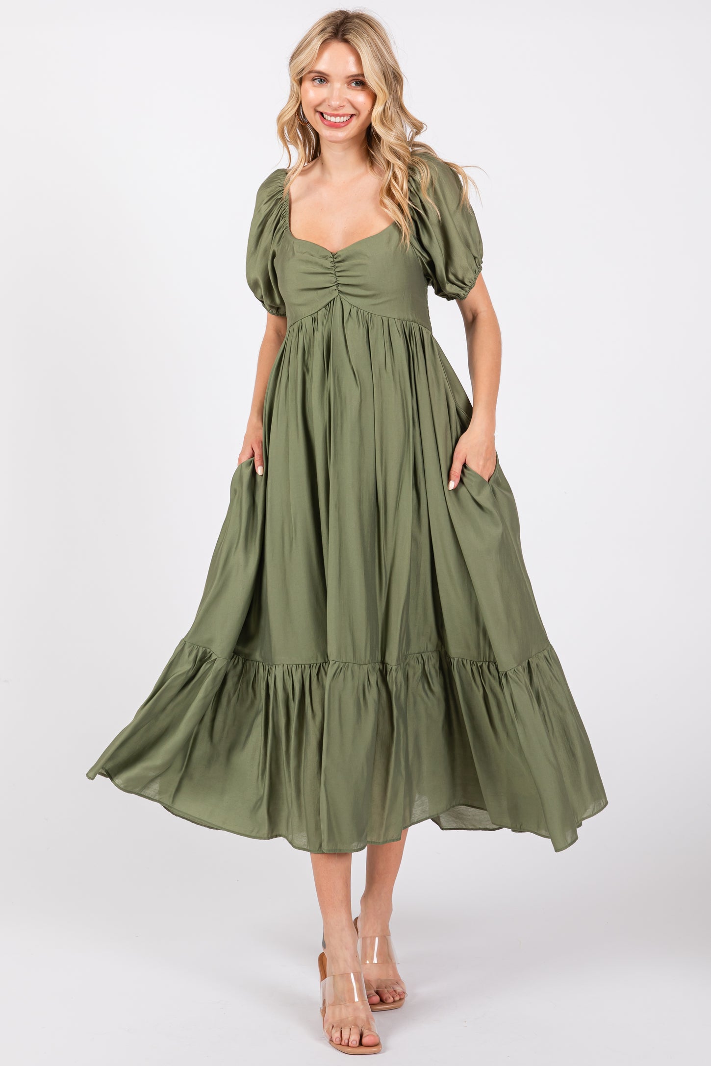 open lace back dress Olive Ruched Sweetheart Neck Tiered Maternity Midi Dress