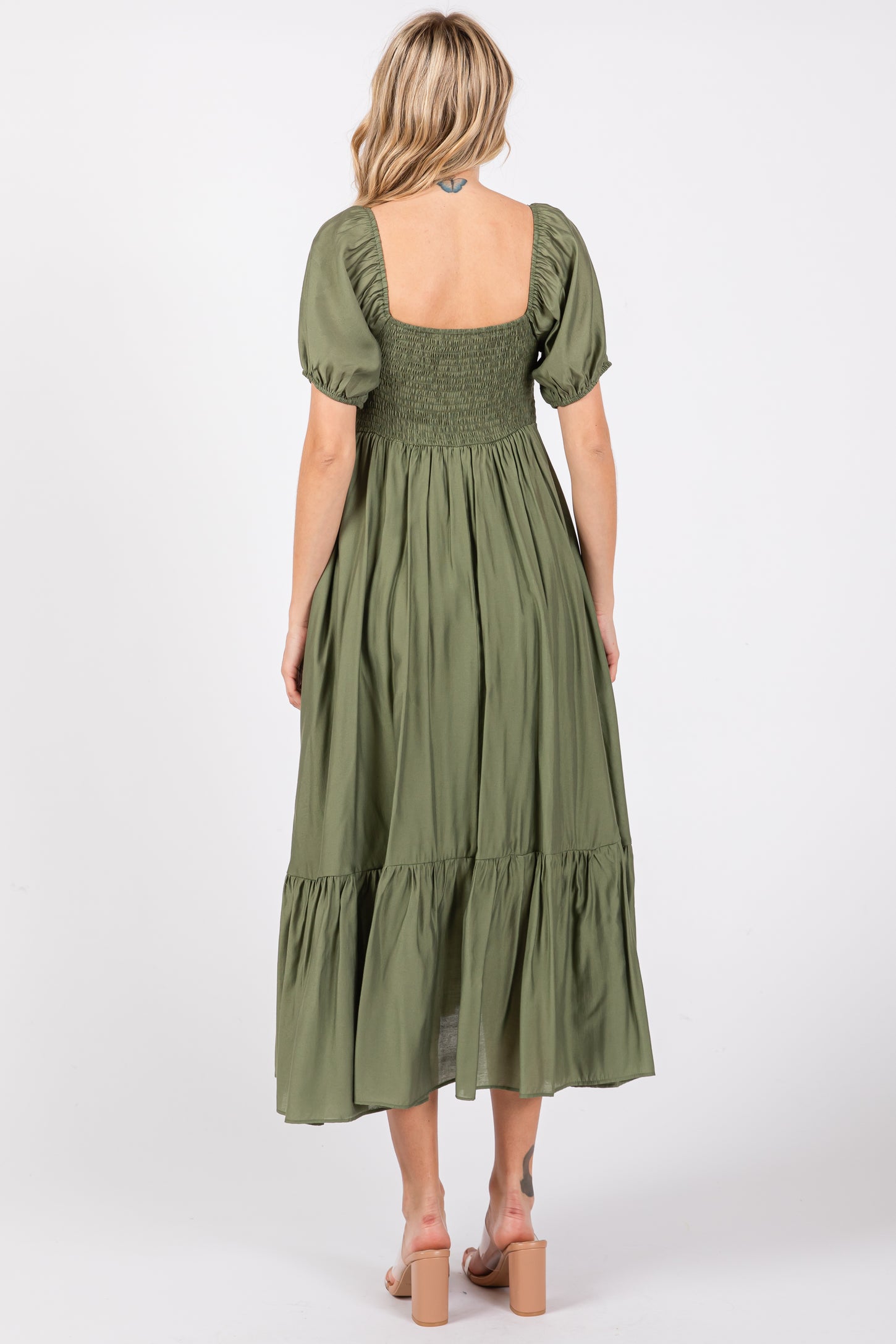 Olive Ruched Sweetheart Neck Tiered Midi Dress