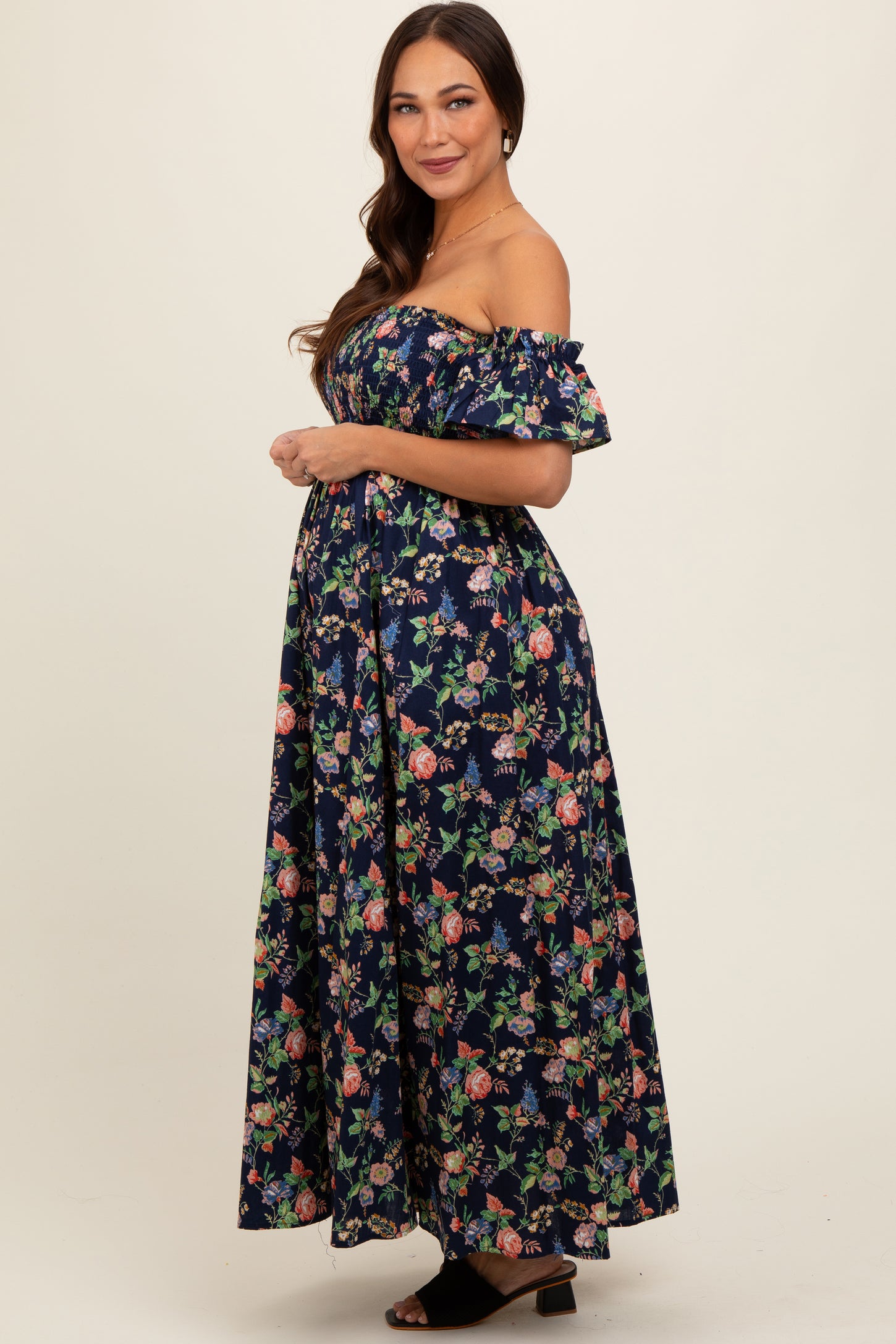 maternity dress sale Navy Blue Floral Off Shoulder Maternity Dress