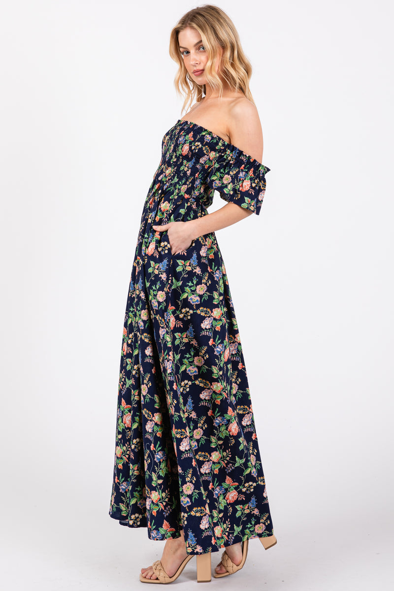 Navy Blue Floral Off Shoulder Dress  PinkBlush