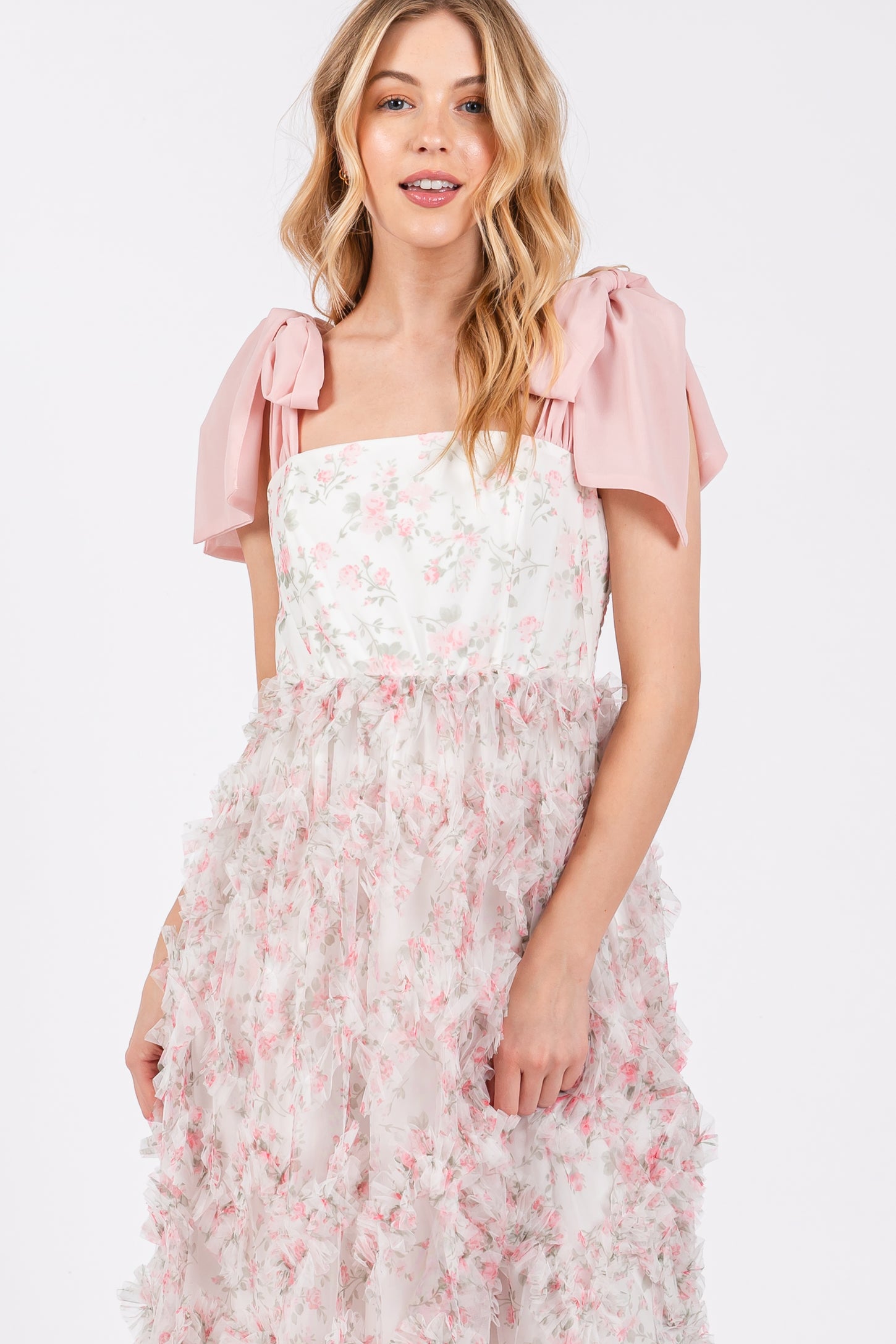 Light Pink Floral Ruffle Tiered Maxi Dress