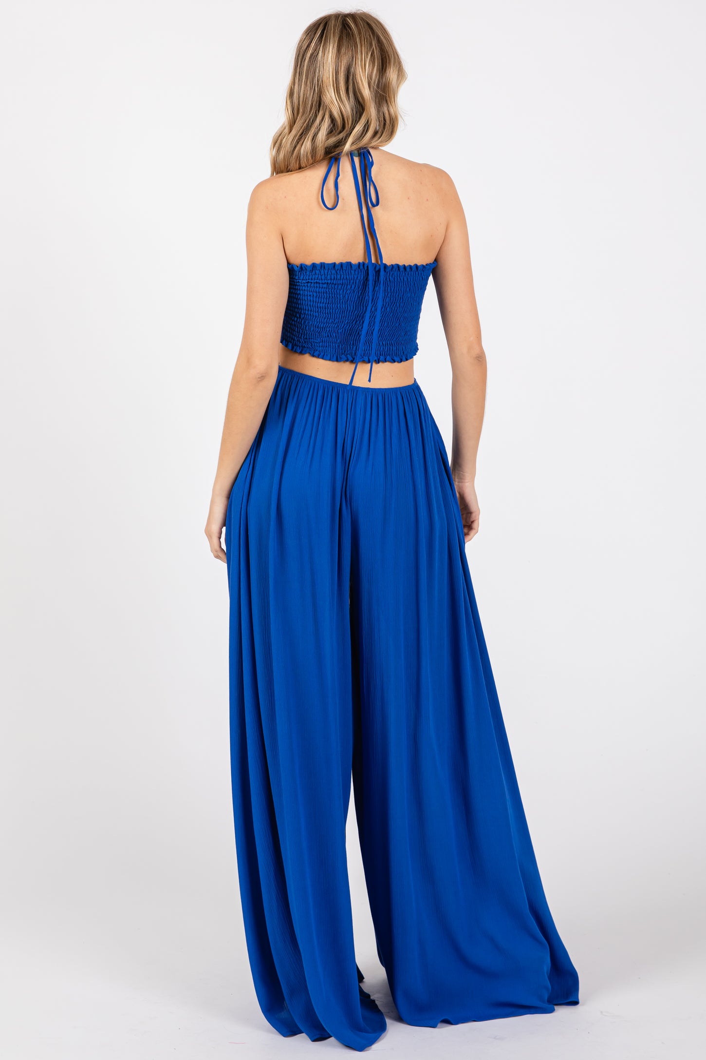Royal Blue Smocked Drawstring Halter Side Cutout Jumpsuit