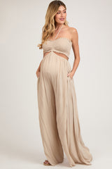 Cream Smocked Drawstring Halter Side Cutout Maternity Jumpsuit