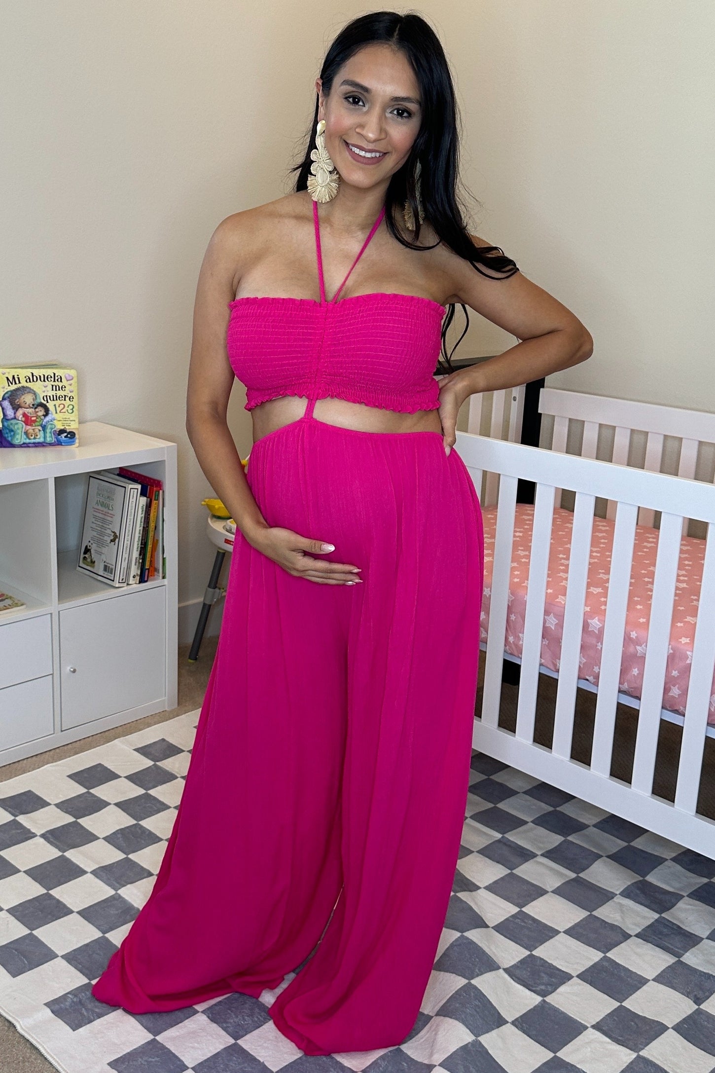 Fuchsia Smocked Drawstring Halter Side Cutout Maternity Jumpsuit