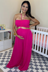 Fuchsia Smocked Drawstring Halter Side Cutout Maternity Jumpsuit