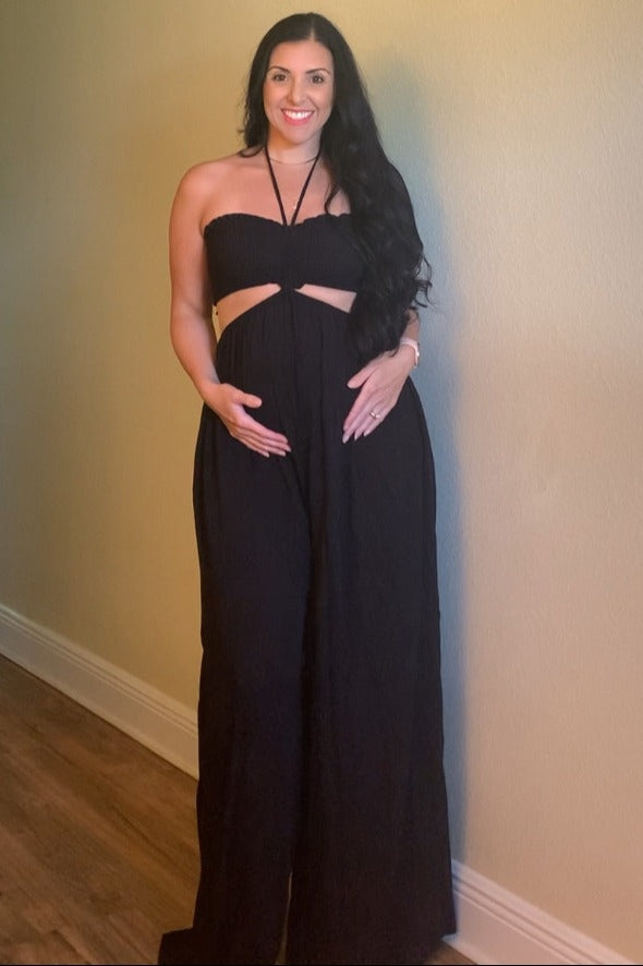 Black Smocked Drawstring Halter Side Cutout Maternity Jumpsuit