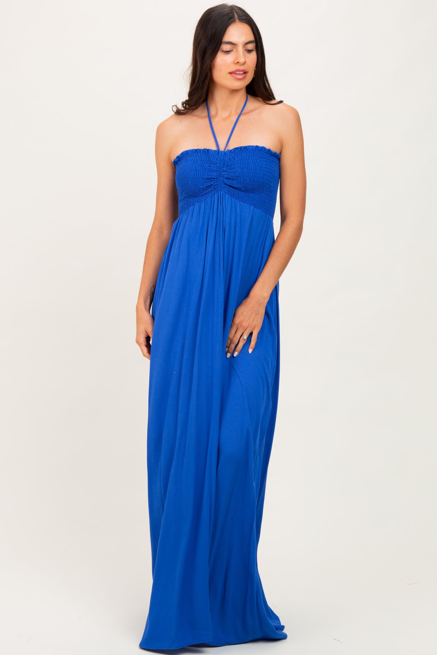 Royal Blue Smocked Halter Maternity Maxi Dress Royal Blue Smocked Halter Maternity Maxi Dress