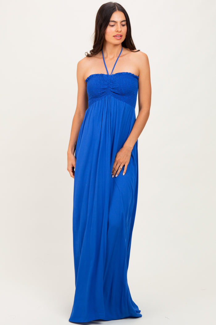 Royal Blue Smocked Halter Maternity Maxi Dress
