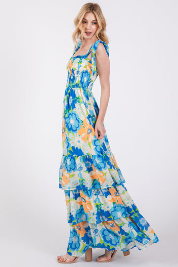 Blue Floral Smocked Shoulder Strap Maxi Dress