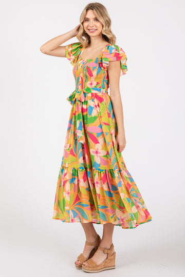 Orange Floral Print Flounce Sleeve Midi Dress