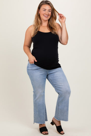 Light Blue Fringe Hem Maternity Plus Crop Flare Jeans