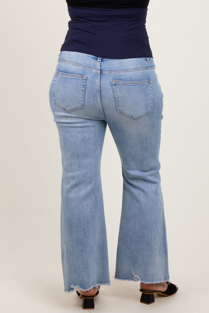 Light Blue Fringe Hem Maternity Plus Crop Flare Jeans