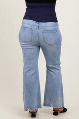 Light Blue Fringe Hem Maternity Plus Crop Flare Jeans
