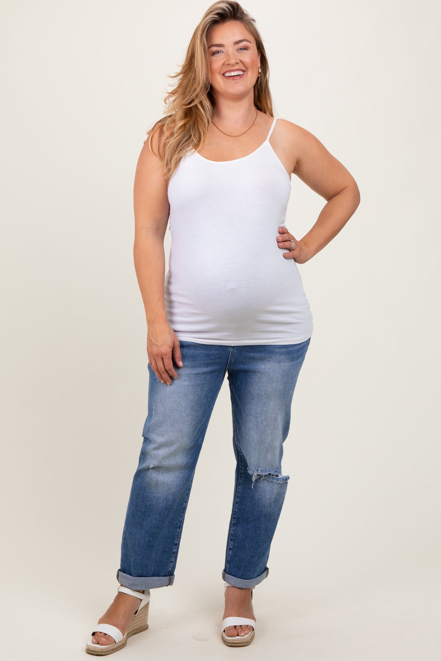 Navy Rolled Hem Distressed Straight Leg Maternity Plus Jeans