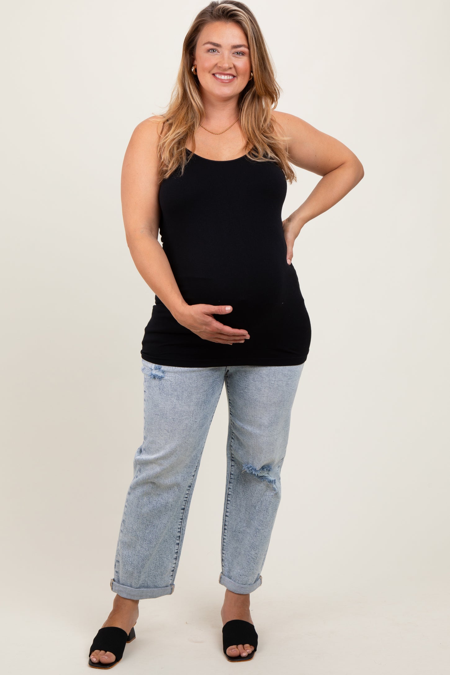 Light Blue Rolled Cuff Distressed Straight Leg Maternity Plus Jeans