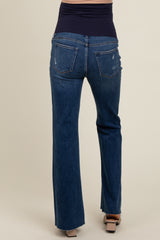 maternity wear dark blue flared jeans with a supportive waistband, viewed from the back