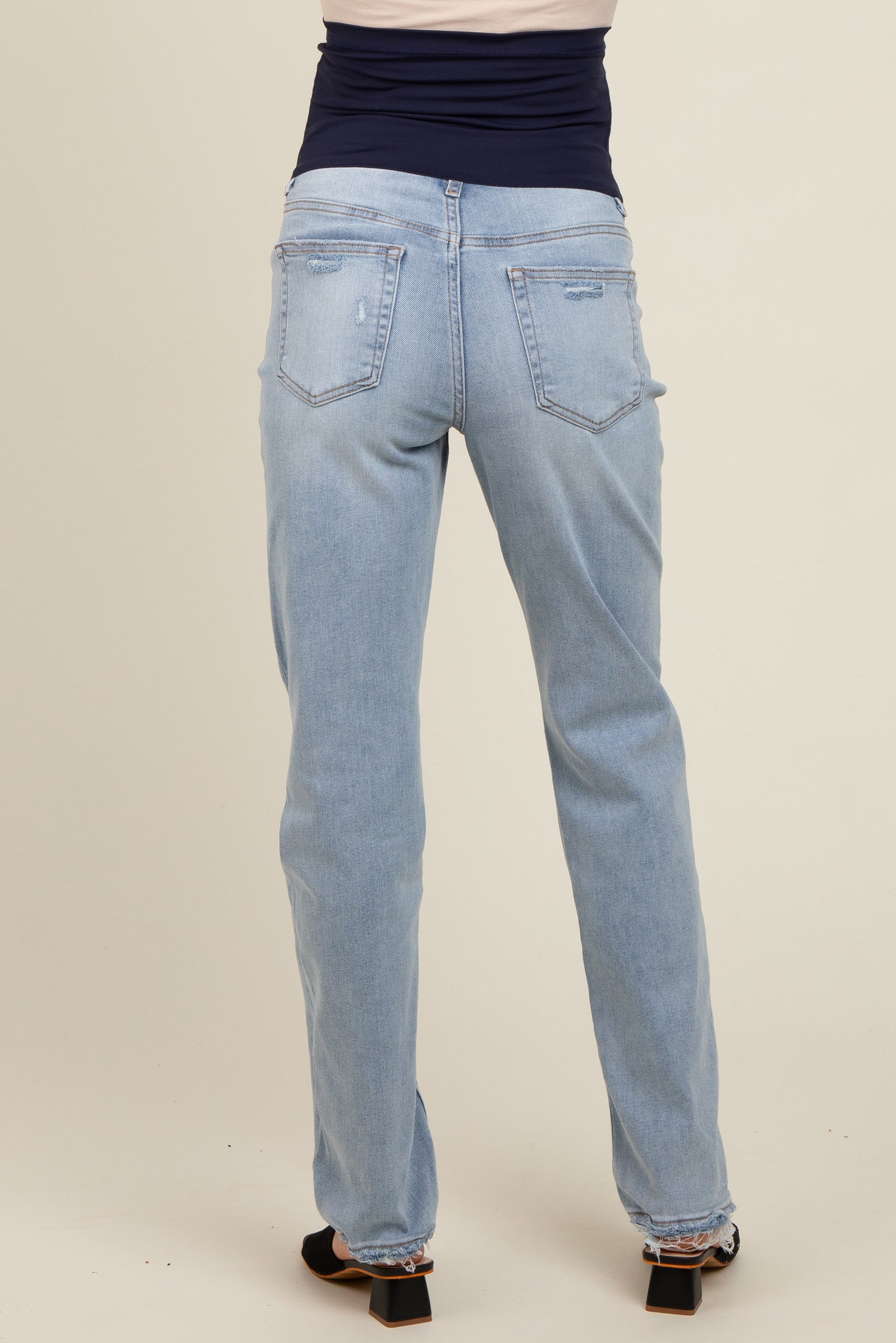 Light Blue Distressed Hem Straight Leg Maternity Jeans