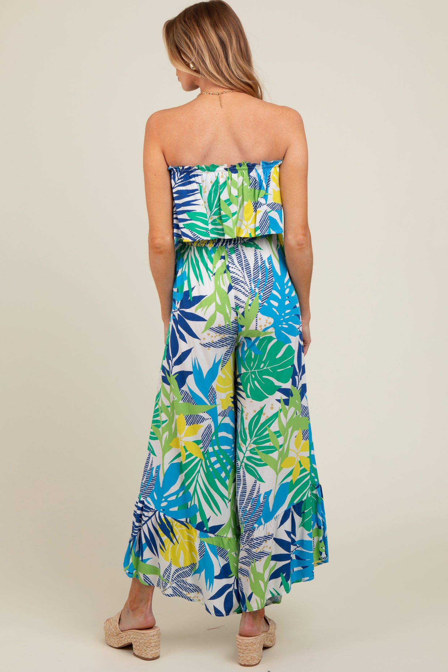 Multi-Color Palm Strapless Ruffle Wide Leg Maternity Jumpsuit