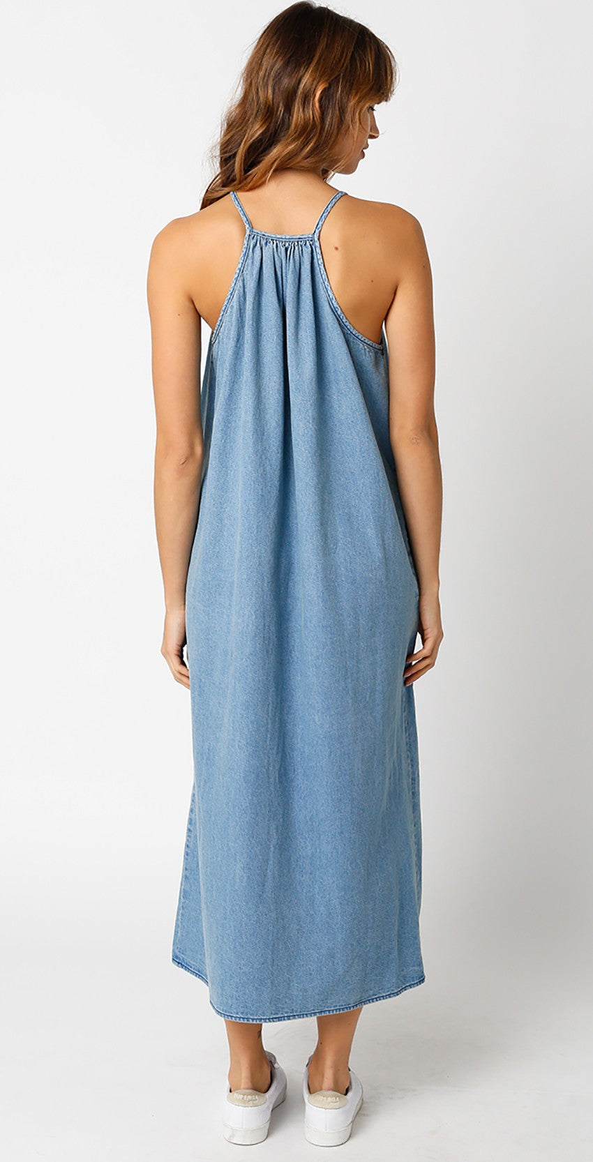 Denim Sleeveless Shift Midi Dress PinkBlush Denim Sleeveless Shift Midi Dress PinkBlush