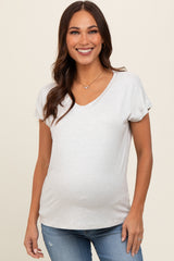 Heather Grey Striped V-Neck Maternity Short Sleeve Top