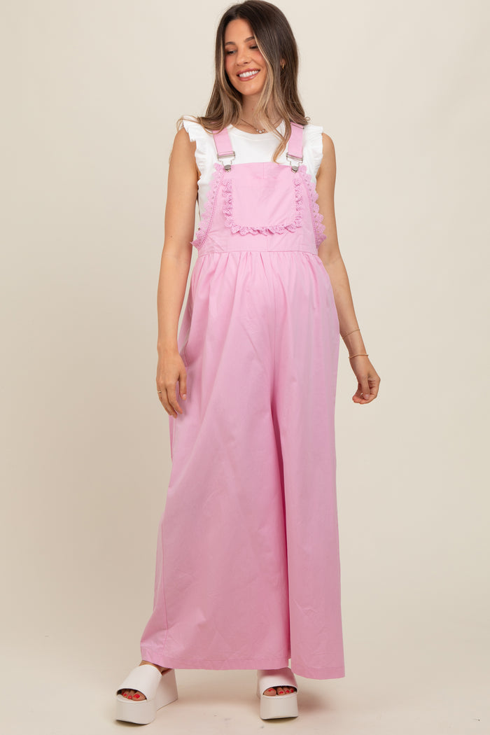 Light Pink Crochet Lace Trim Maternity Overalls