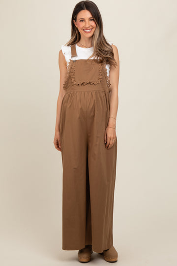Mocha Crochet Lace Trim Maternity Overalls