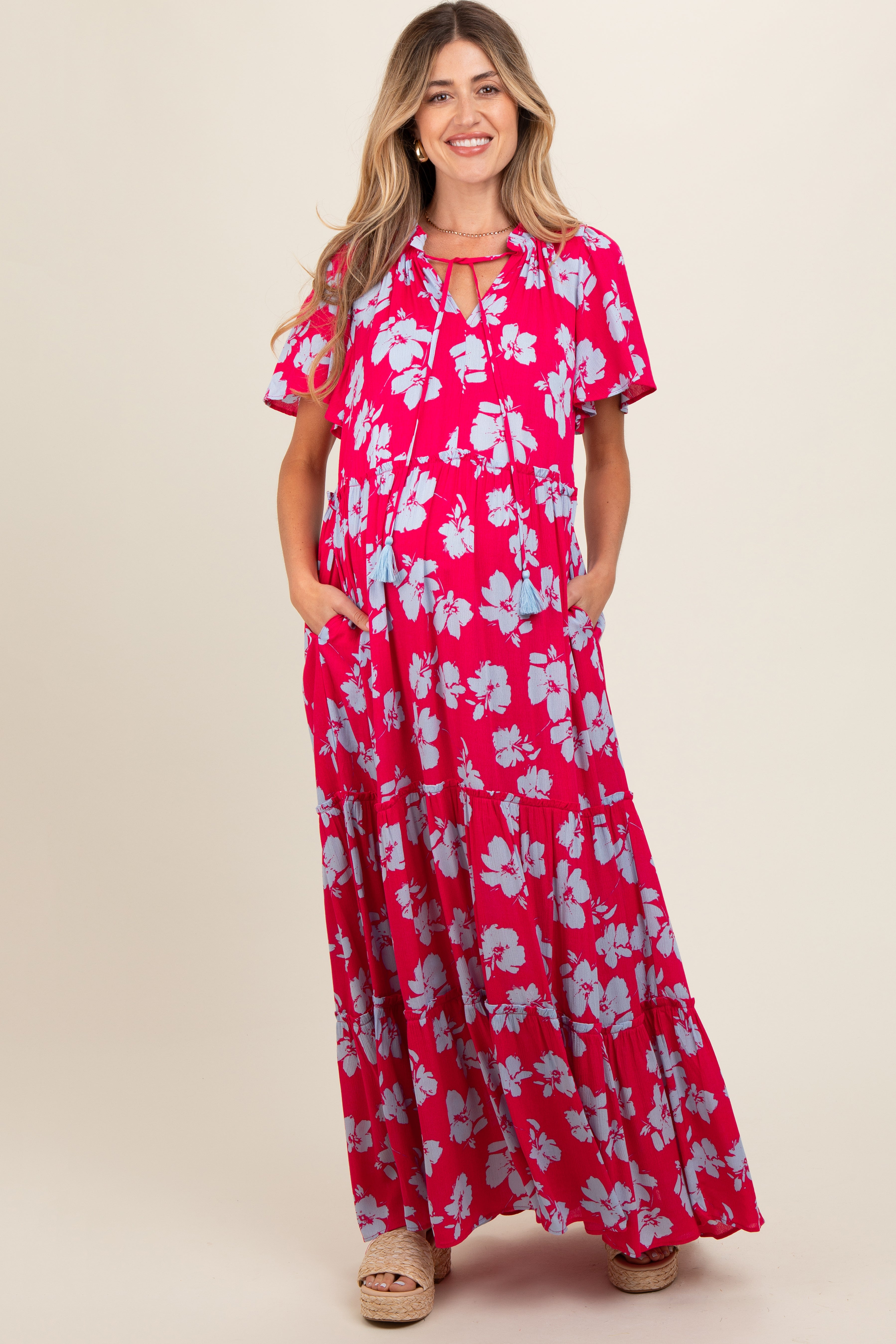 chinese dress ladies Coral Big Floral Maxi Maternity Dress