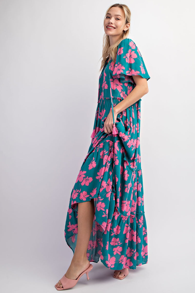 Dark Teal Floral Ruffle Neck Tiered Maternity Maxi Dress – PinkBlush