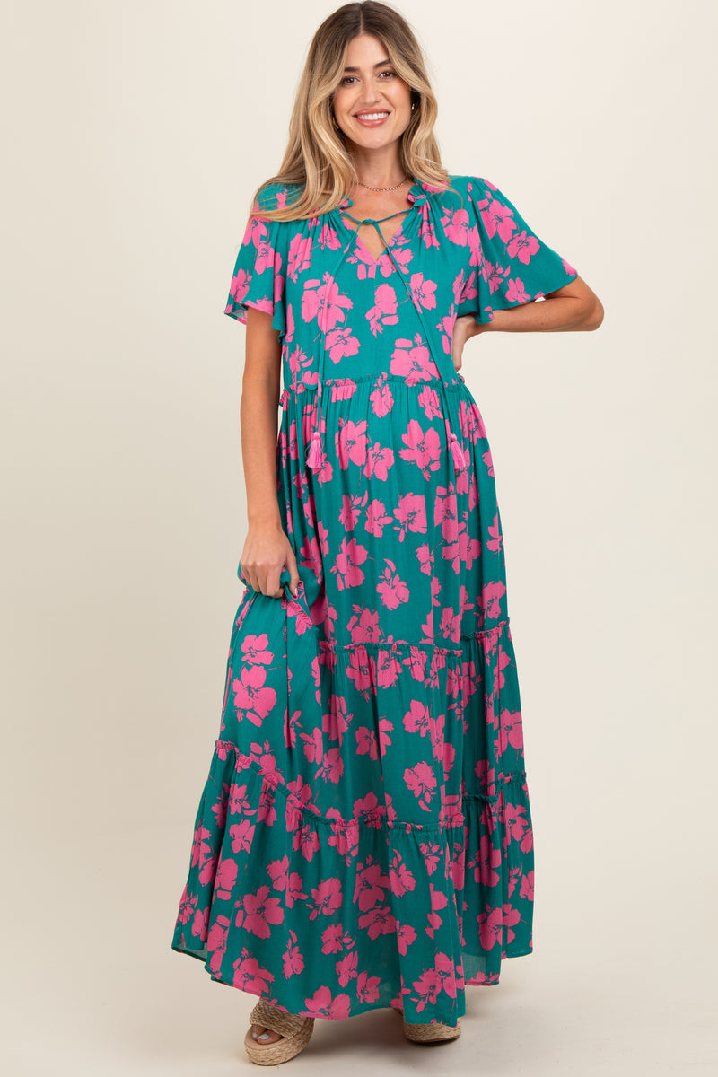 Dark Teal Floral Ruffle Neck Tiered Maternity Maxi Dress – PinkBlush