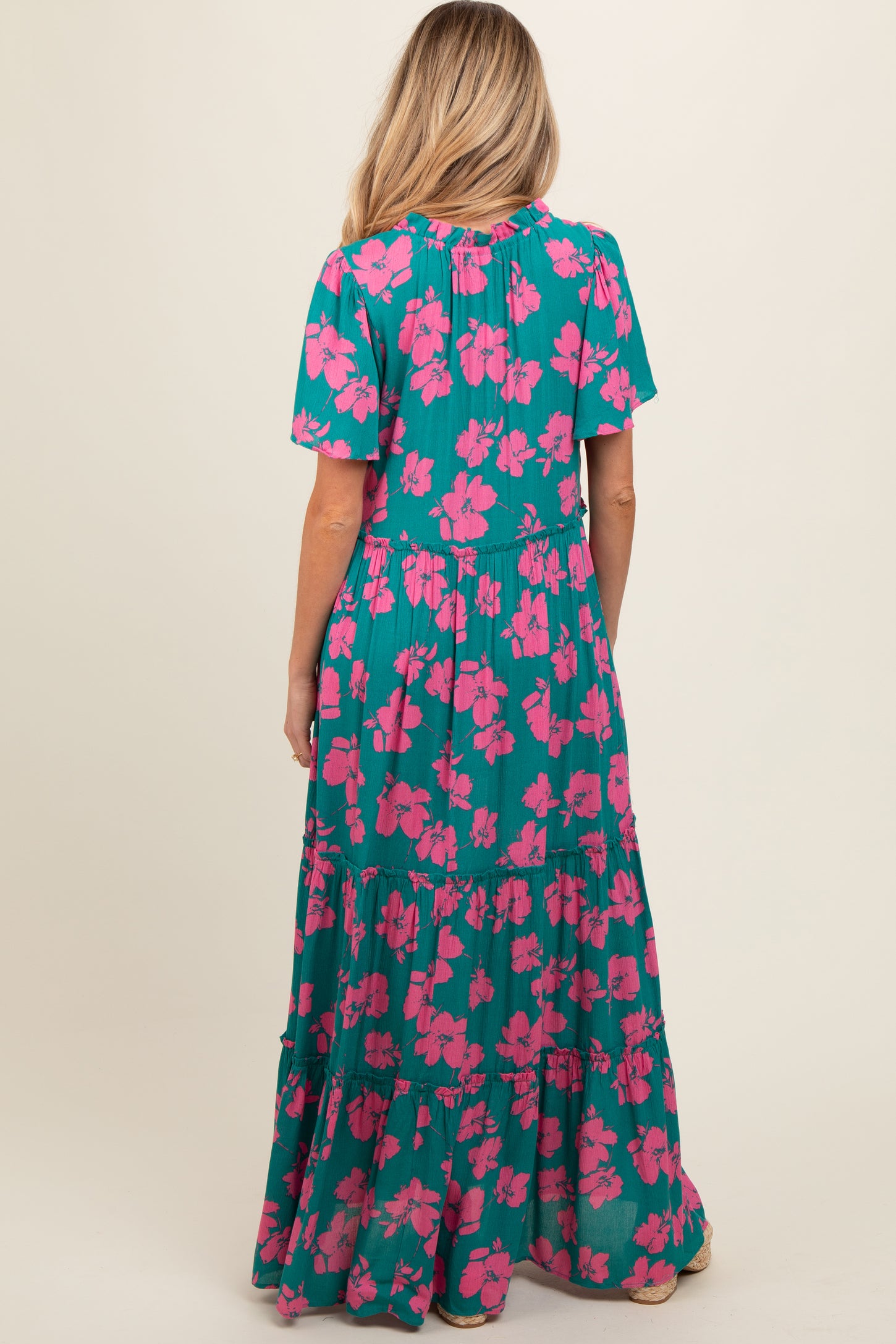 Dark Teal Floral Ruffle Neck Tiered Maternity Maxi Dress – PinkBlush