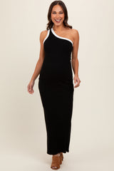 Black Contrast One Shoulder Maternity Maxi Dress