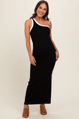 Black Contrast One Shoulder Maternity Maxi Dress